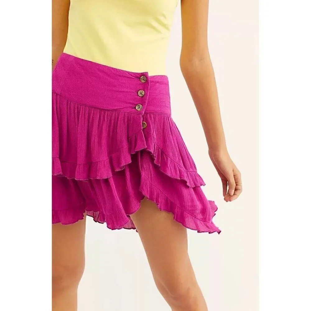 NEW FREE PEOPLE ENDLESS SUMMER Sz L COSTELLO SKIRT RUFFLE TIERED MINI HOT PINK